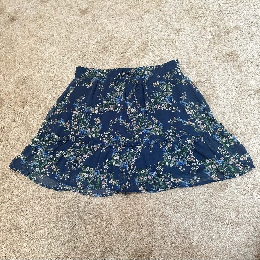 Mi Ami Feminine Ruffle Blue Floral Stretch Comfort Waistband Skirt Large - Picture 7 of 9